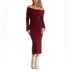 ELAN Bloomingdale's Off Shoulder Burgundy Maroon Side Slits Sweater Dress NWT